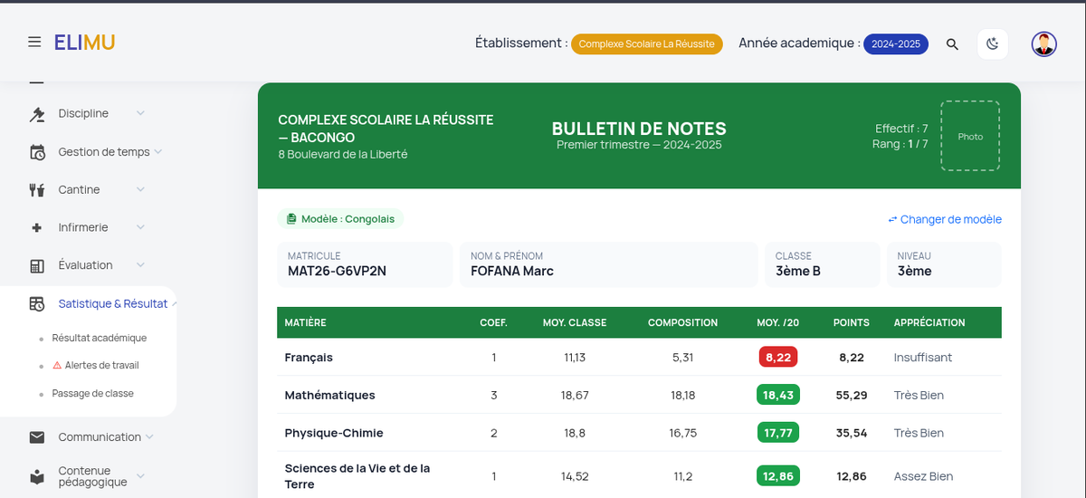 Bulletin de notes généré par ELIMU, avec moyennes, rang et appréciations