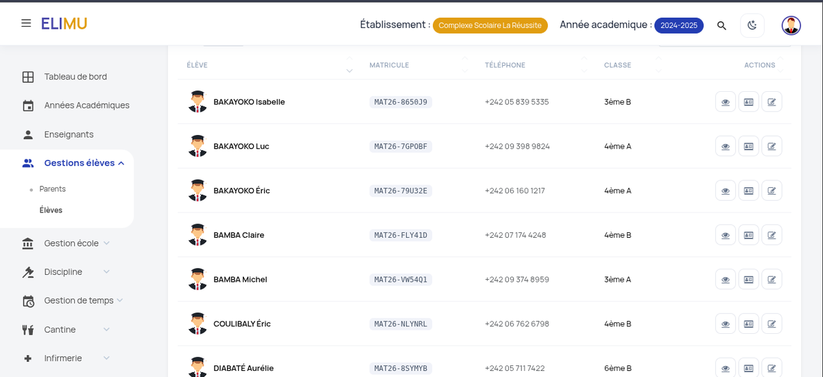Liste des élèves d'un établissement, avec matricule, téléphone et classe